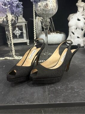 Jimmy Choo Black Lace Peep-Toe Slingback Platform Heels
